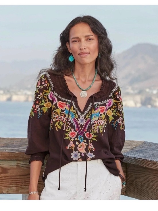 Sundance Tops - Sundance Amora Blooms Embroidered Peasant Blouse S Floral Boho Smocked Cotton